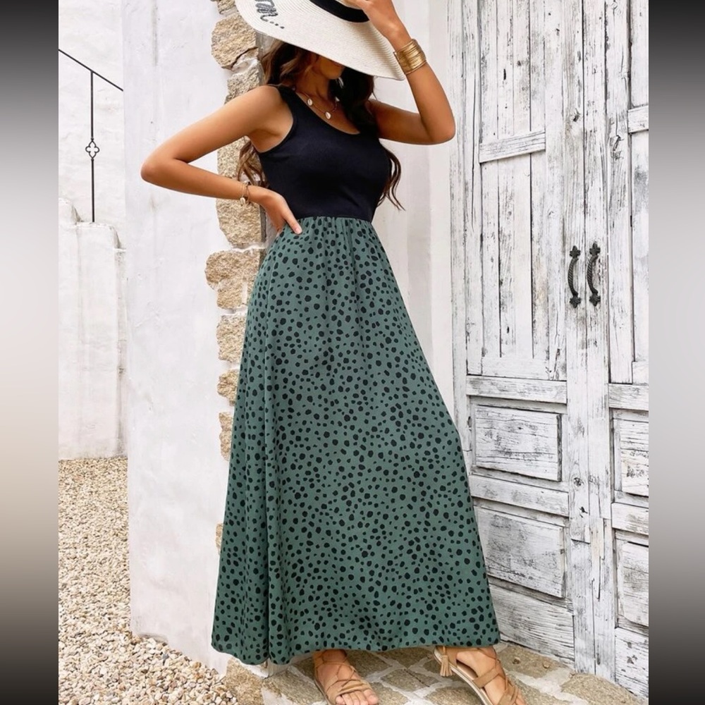 Boho Dalmatian print color block sleeveless maxi dress - Picture 5 of 15